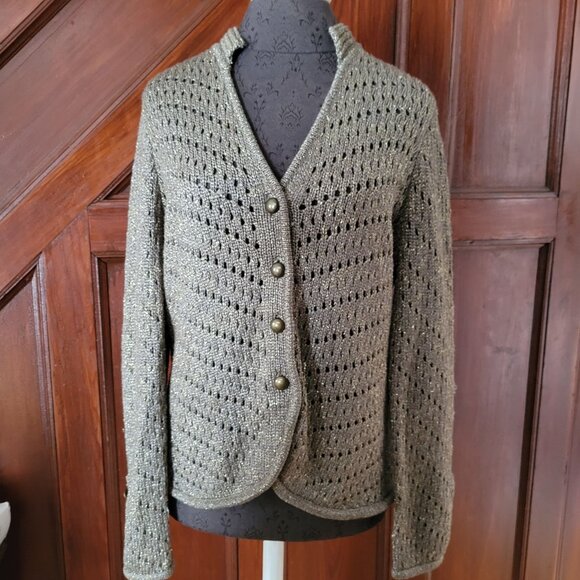 Chicos Womens Size 1 Metallic Button-Up Crochet Cardigan Sweater Medium - Picture 1 of 6